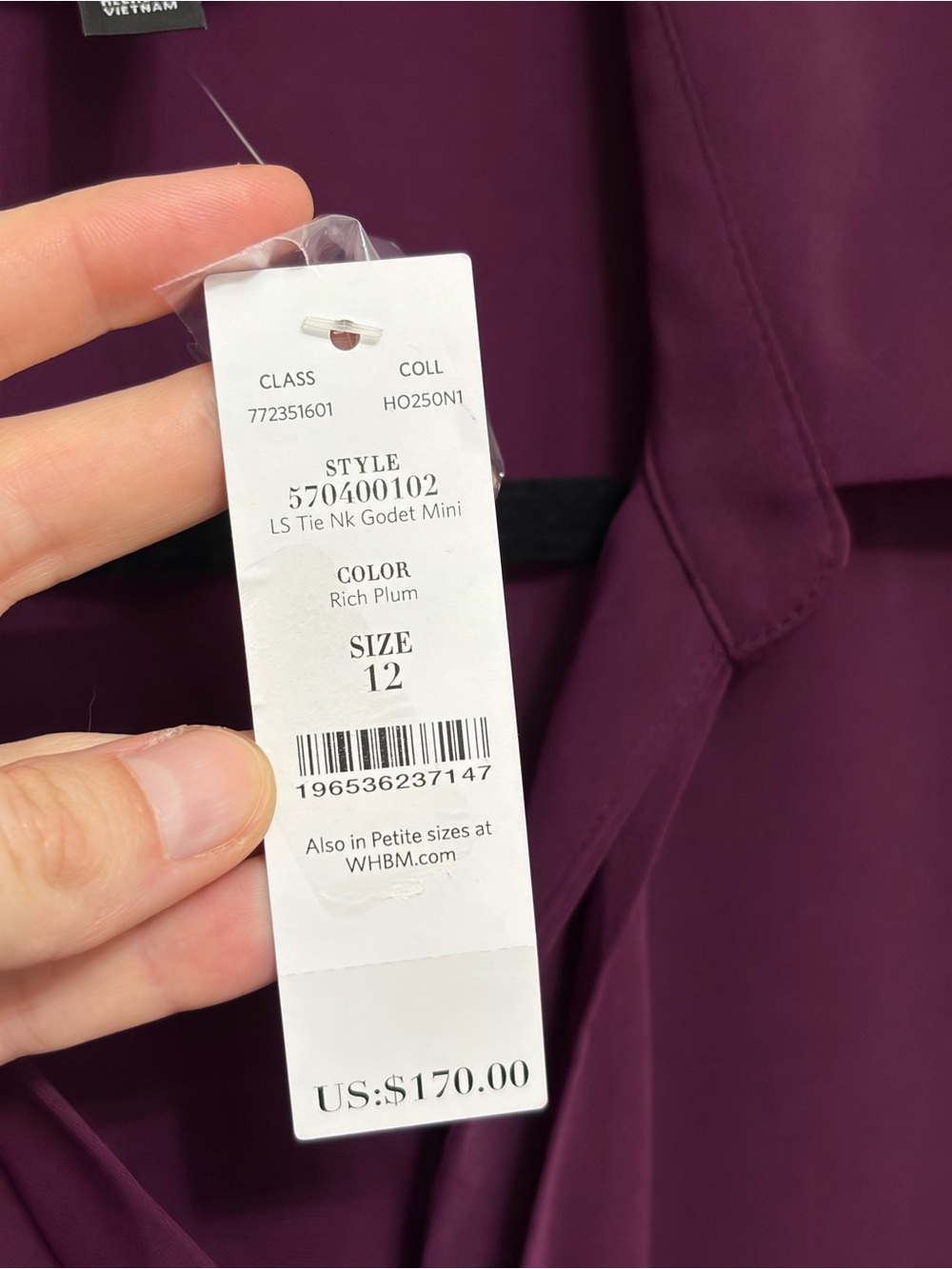NEW WHBM Long Sleeve Tie Neck Godet Mini Dress in Rich Plum Purple - Size 12 - Picture 6 of 10